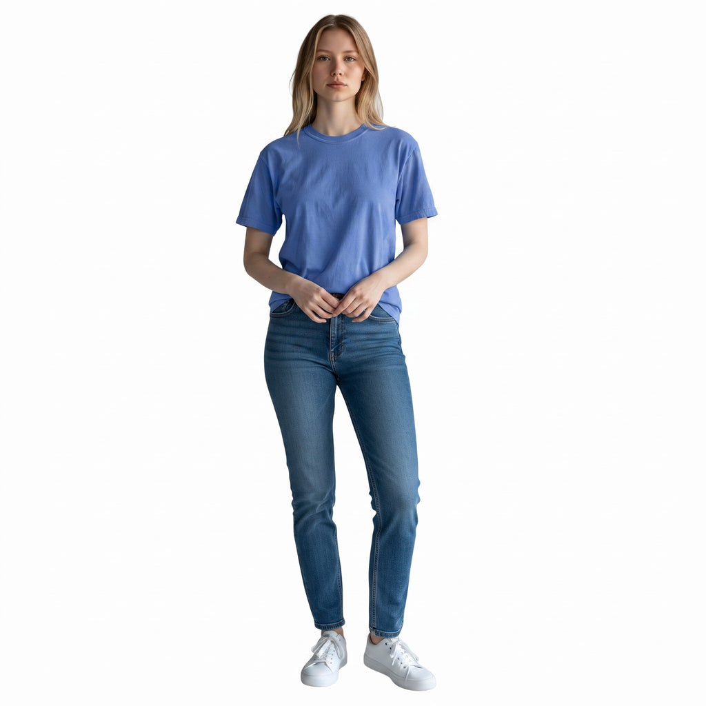 PAPPAREL model wearing a blue heavyweight vintage crewneck t-shirt with a relaxed fit and blue denim jeans