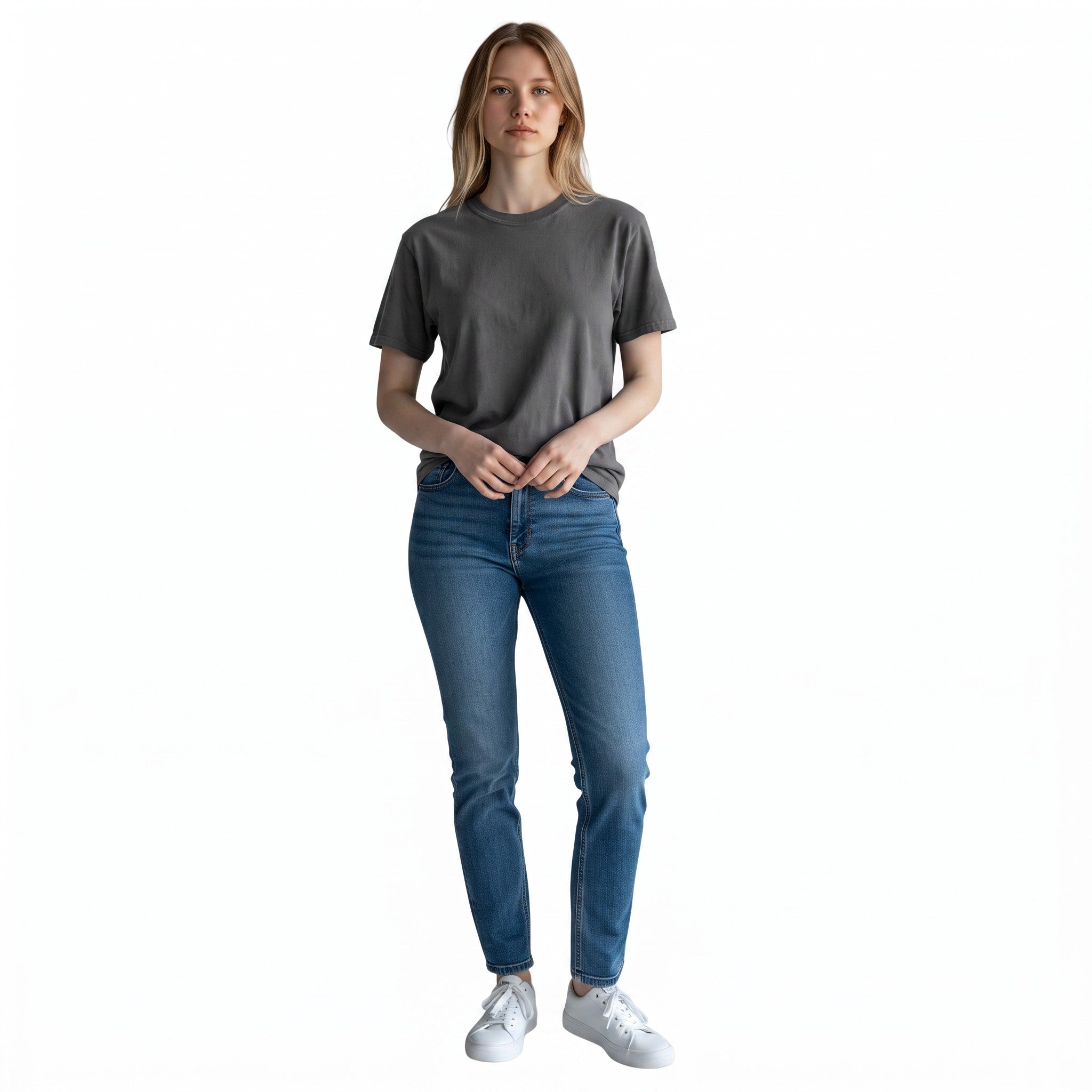 PAPPAREL model wearing a charcoal grey heavyweight vintage cotton crewneck t-shirt with blue jeans and white sneakers