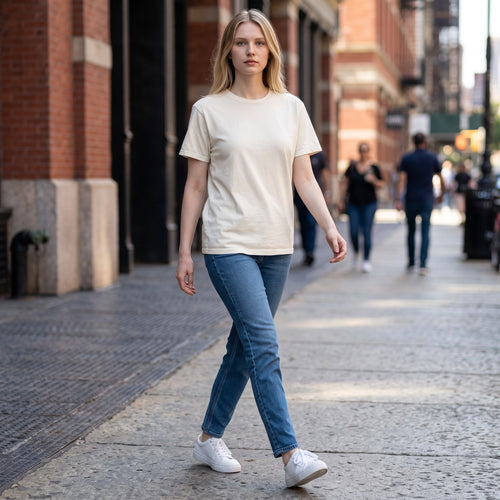 PAPPAREL heavyweight vintage crewneck t-shirt in cream worn by a woman walking on a city sidewalk with blue jeans.
